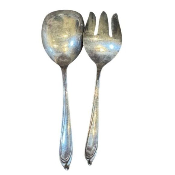Vintage Silver Plated Salad Serving Spoon & Fork Set With Elegant Design - Picture 6 of 11